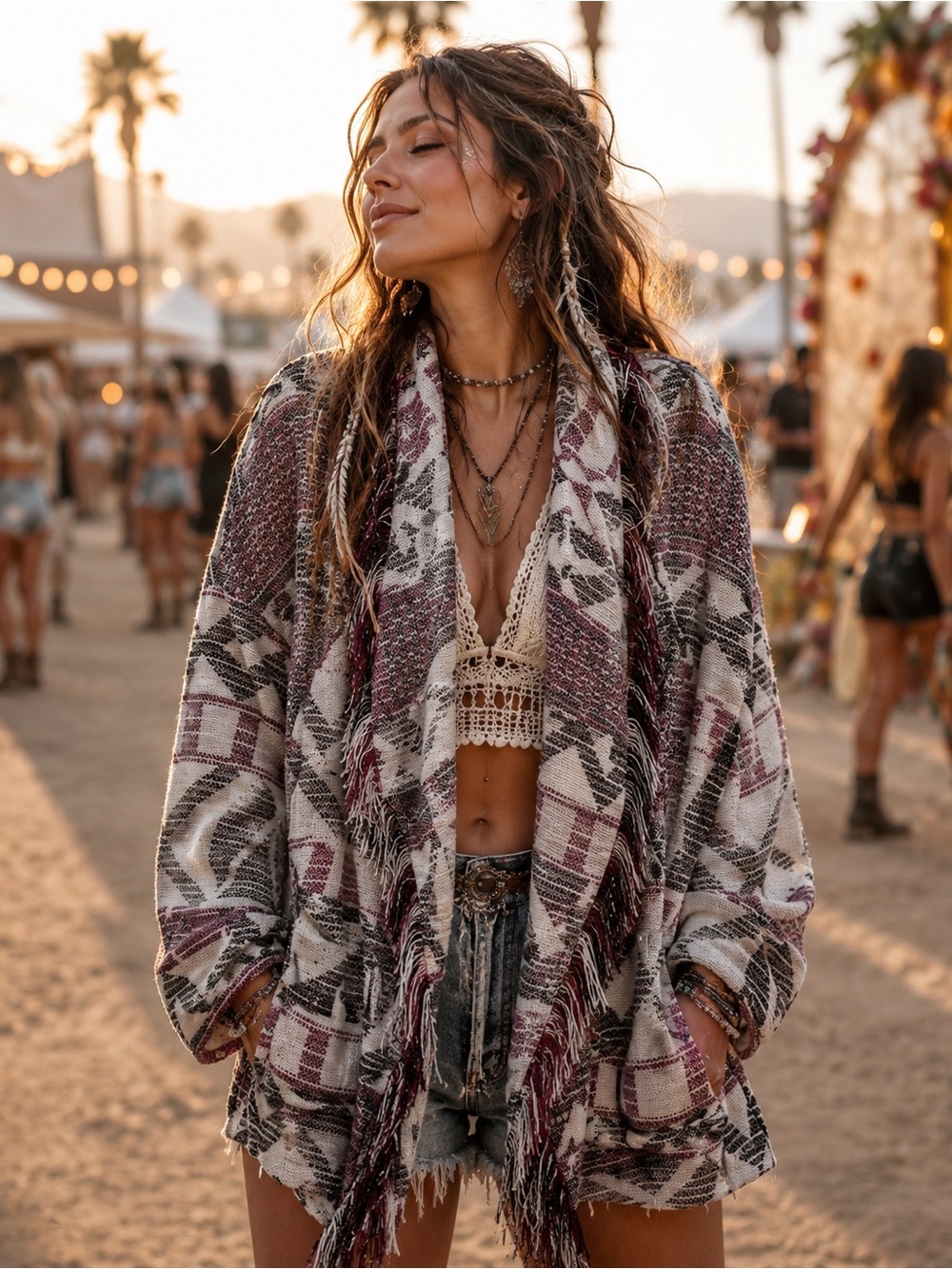 Shyanne Western Fringe Cardigan L Festival Tribal Open Front BOHO Cabincore Fall - Picture 1 of 12